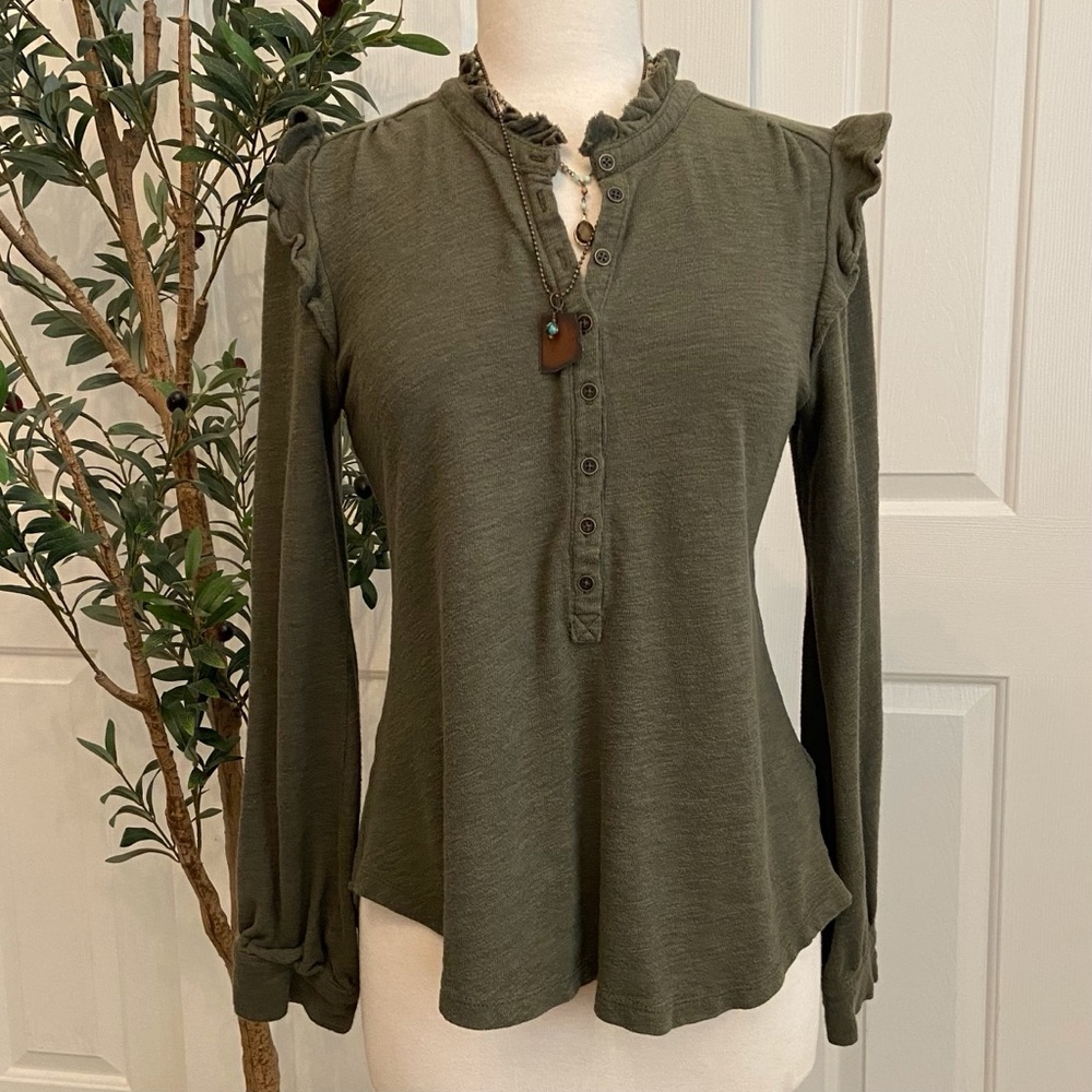 Pilcro Ruffle Trim Top Feminine Henley Style